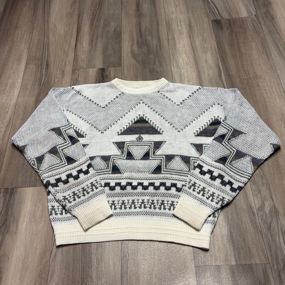 Vintage Jantzen Geometric Southwestern Knit Sweater Cream Grey Mens XL 90s